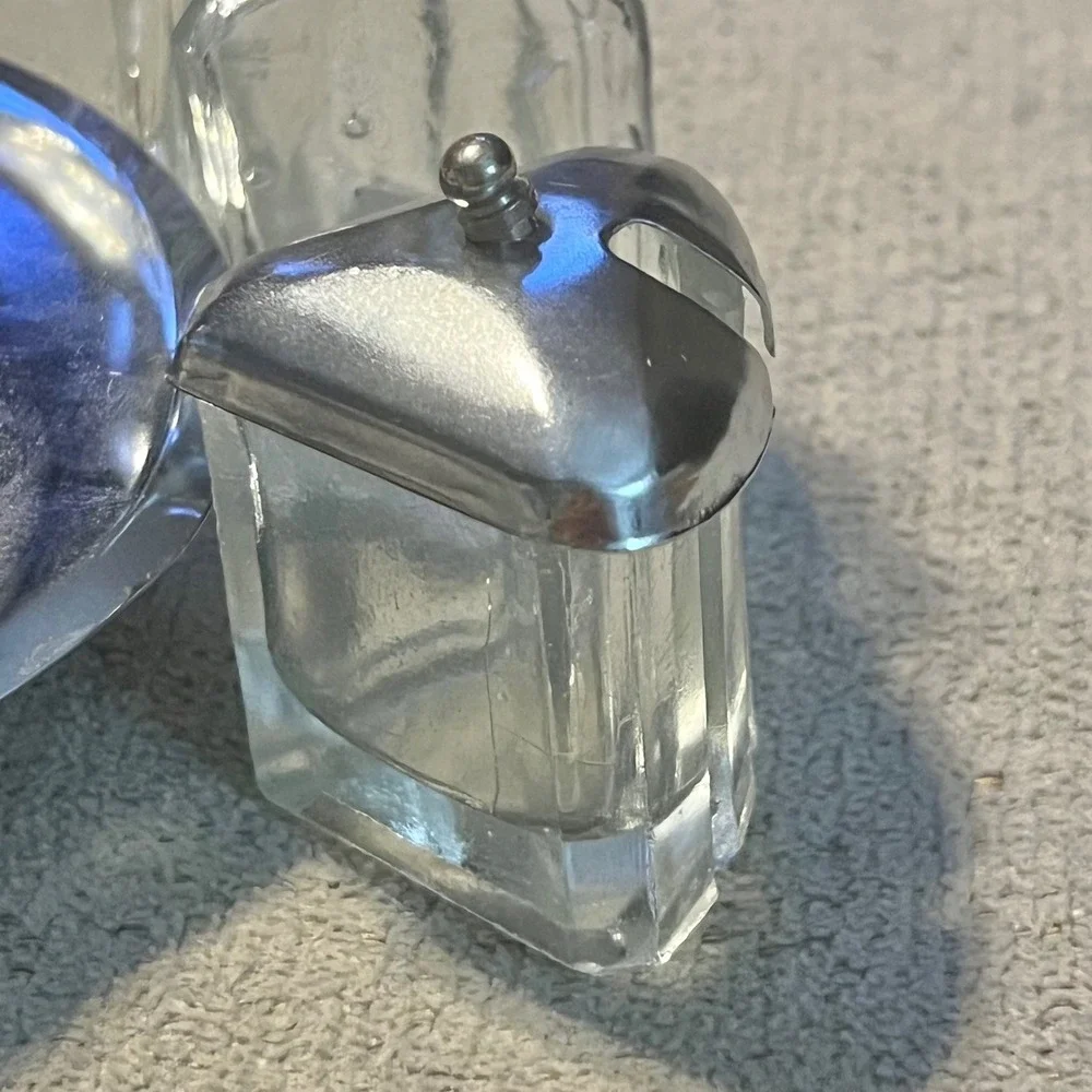 Vintage 5 Piece Glass Cruet Set with Metal Caddy Salt Pepper Oil Vinegar Mustard